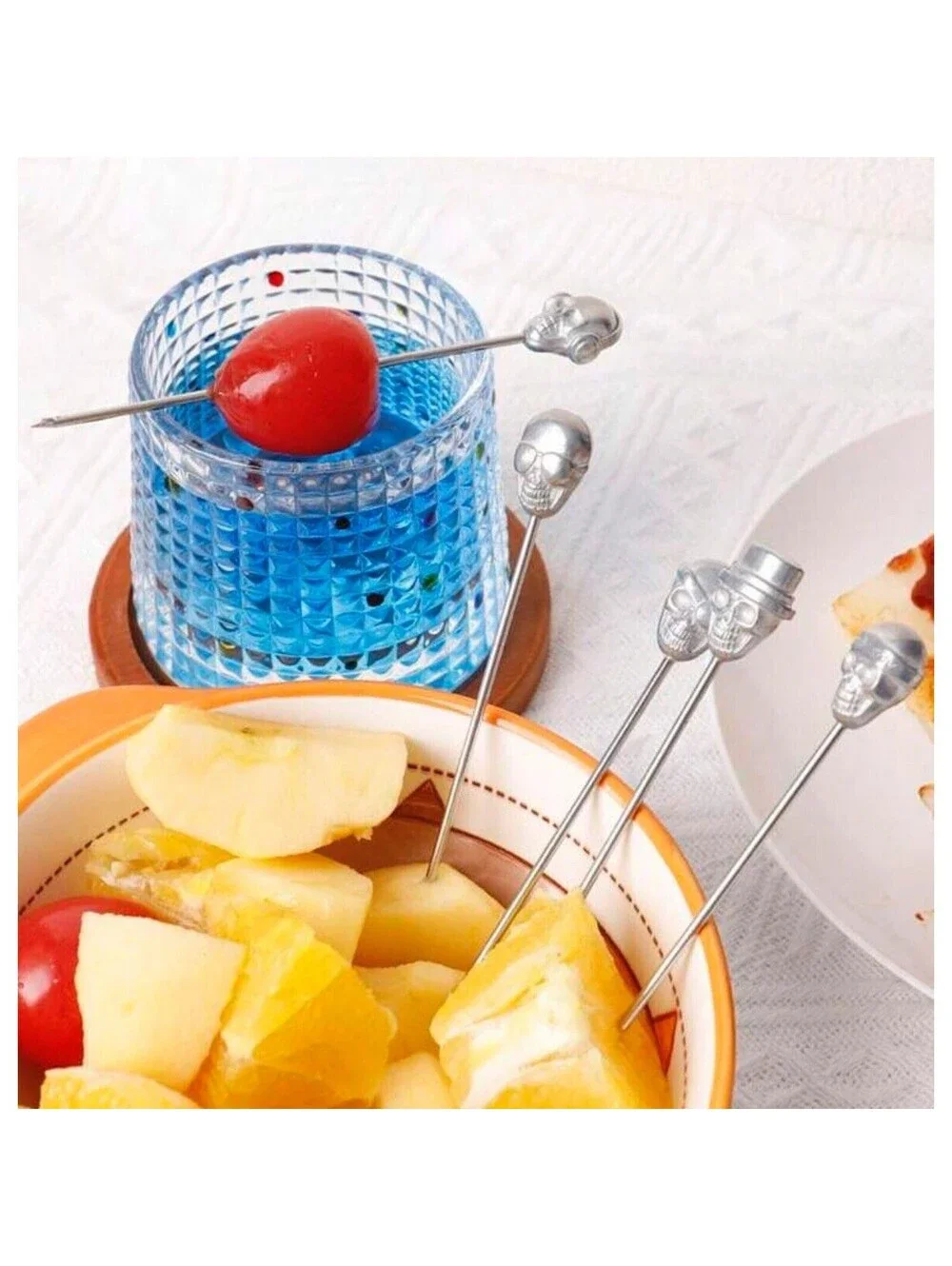 8 Silver Metal Halloween Skull Cocktail Appetizer Food Sticks Toothpicks Party